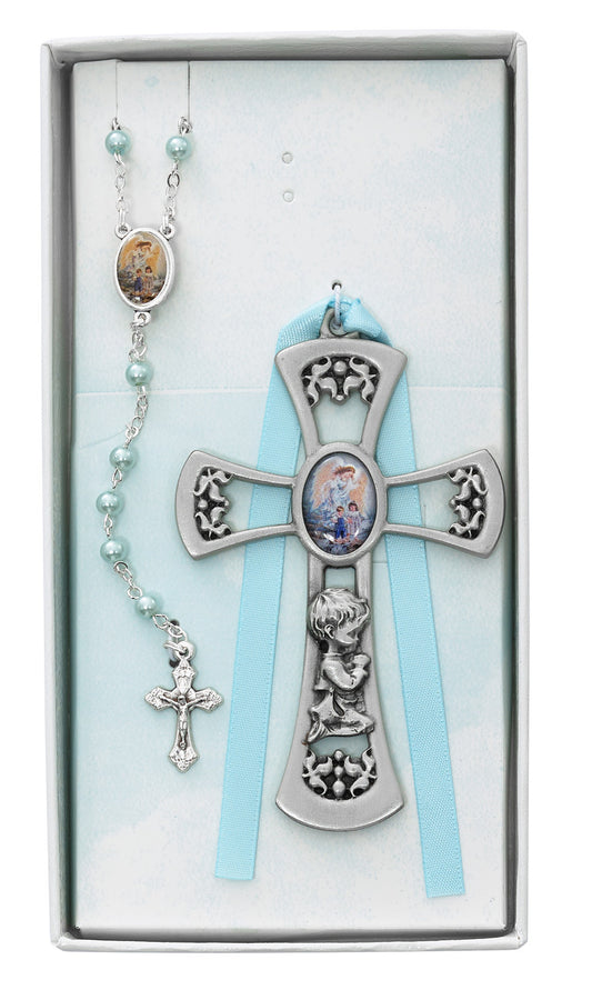 PEWTER BOY CROSS W/ ROSARY SET