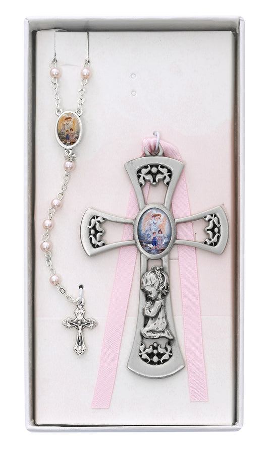 PEWTER GIRL CROSS W/ ROSARY SET