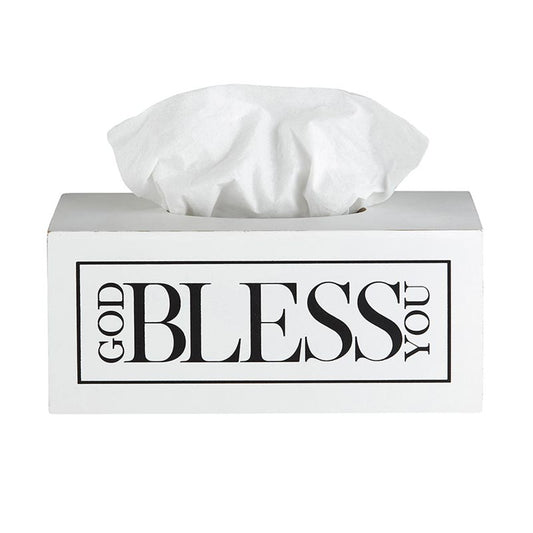 Rectangle Tissue Box Cover - White with Black "God Bless You"
