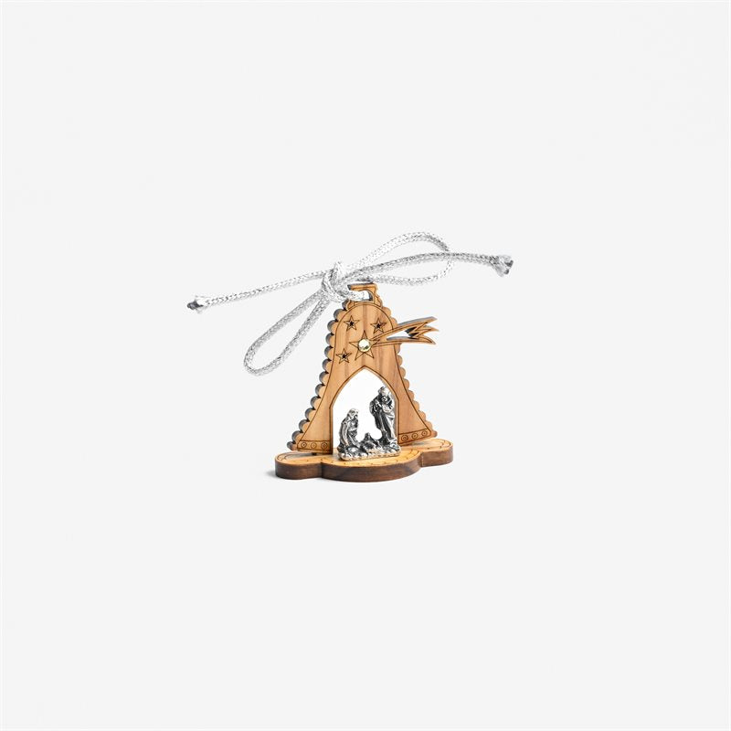 Olive Wood Nativity Bell shaped 2'' Ornament with Rhinestone