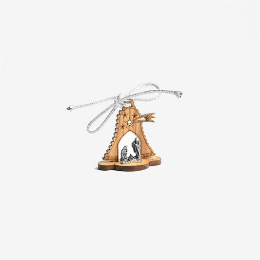 Olive Wood Nativity Bell shaped 2'' Ornament with Rhinestone