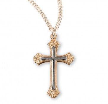 16kt Gold Over Sterling Tu-Tone Fancy Cross 18" Chain