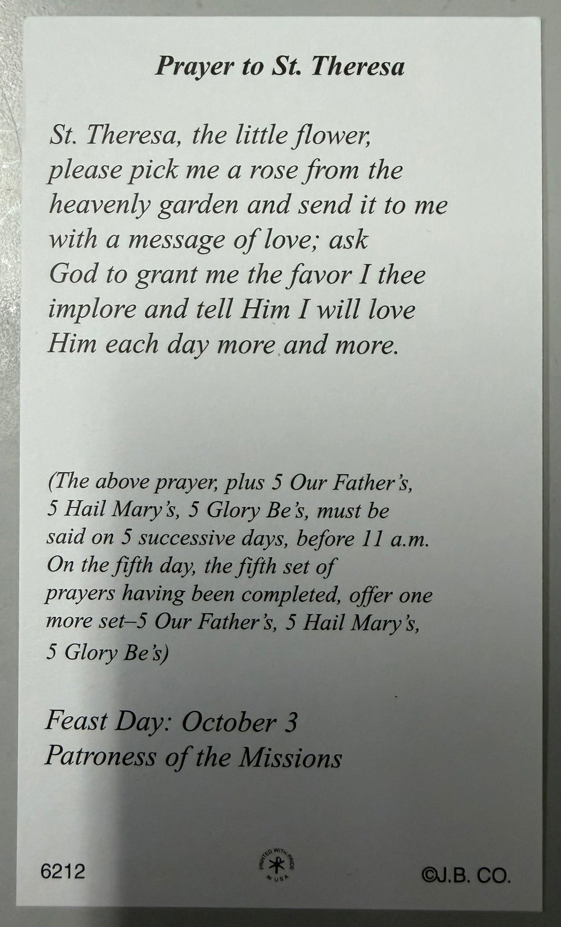 Holy Card - Paper - Prayer to St. Theresa (Therese)