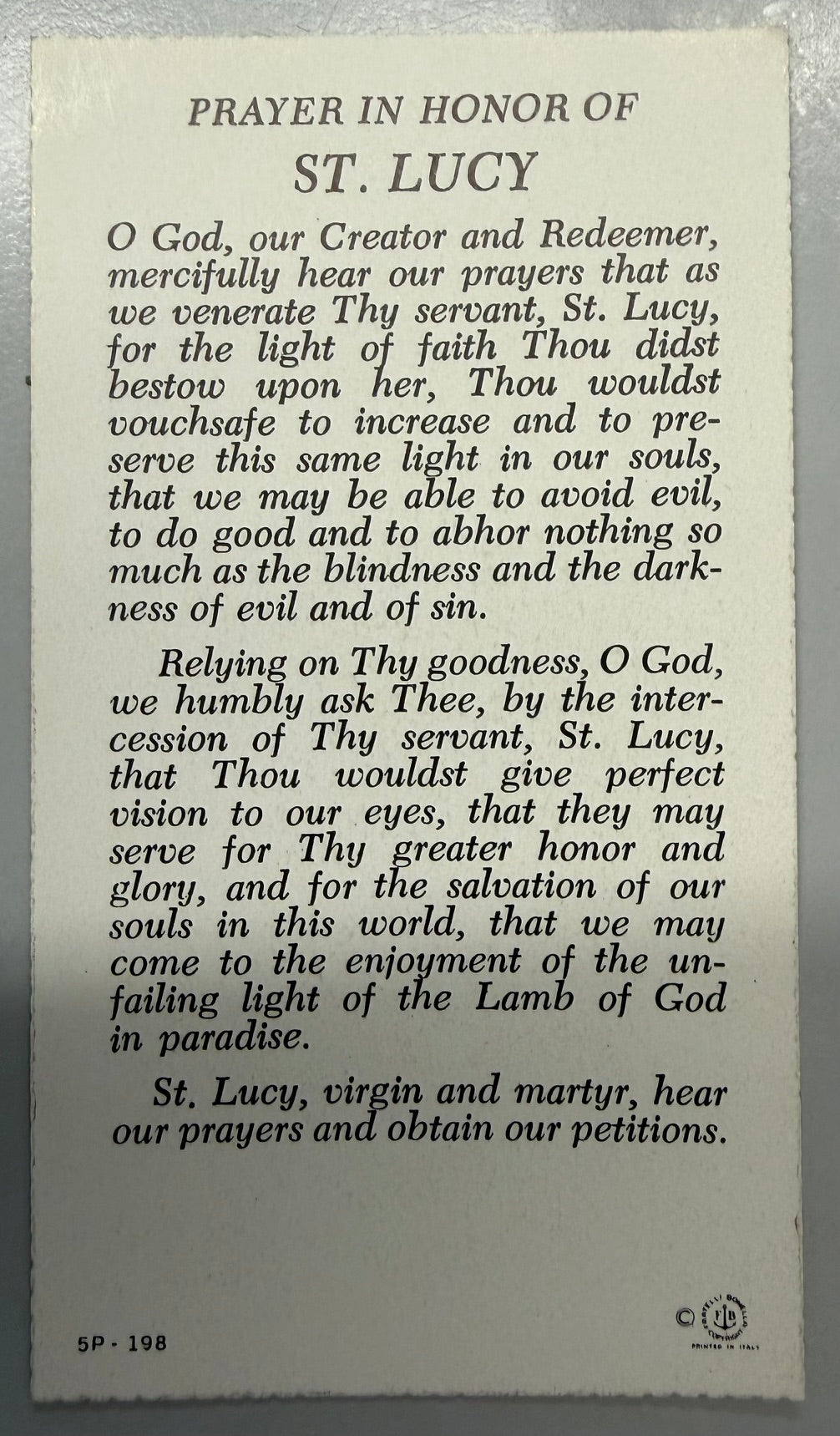 Holy Card - Paper - Prayer in Honor of St. Lucy