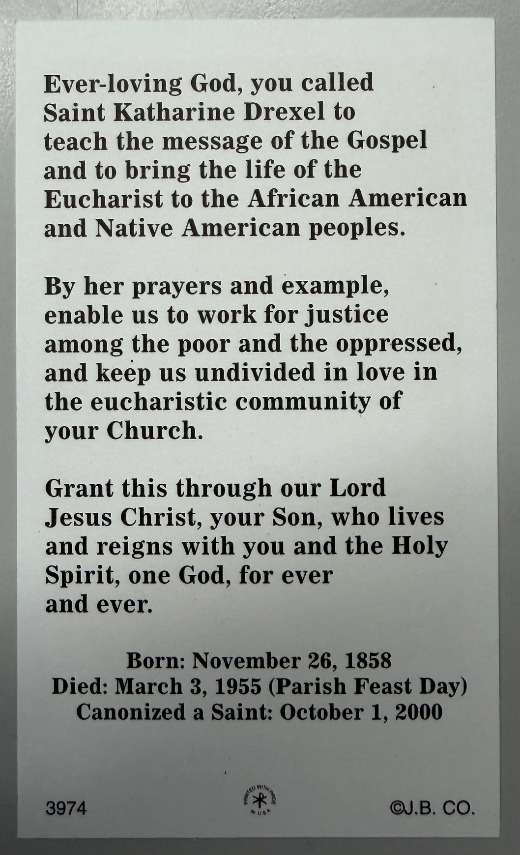 Holy Card - Paper - St. Katharine Drexel