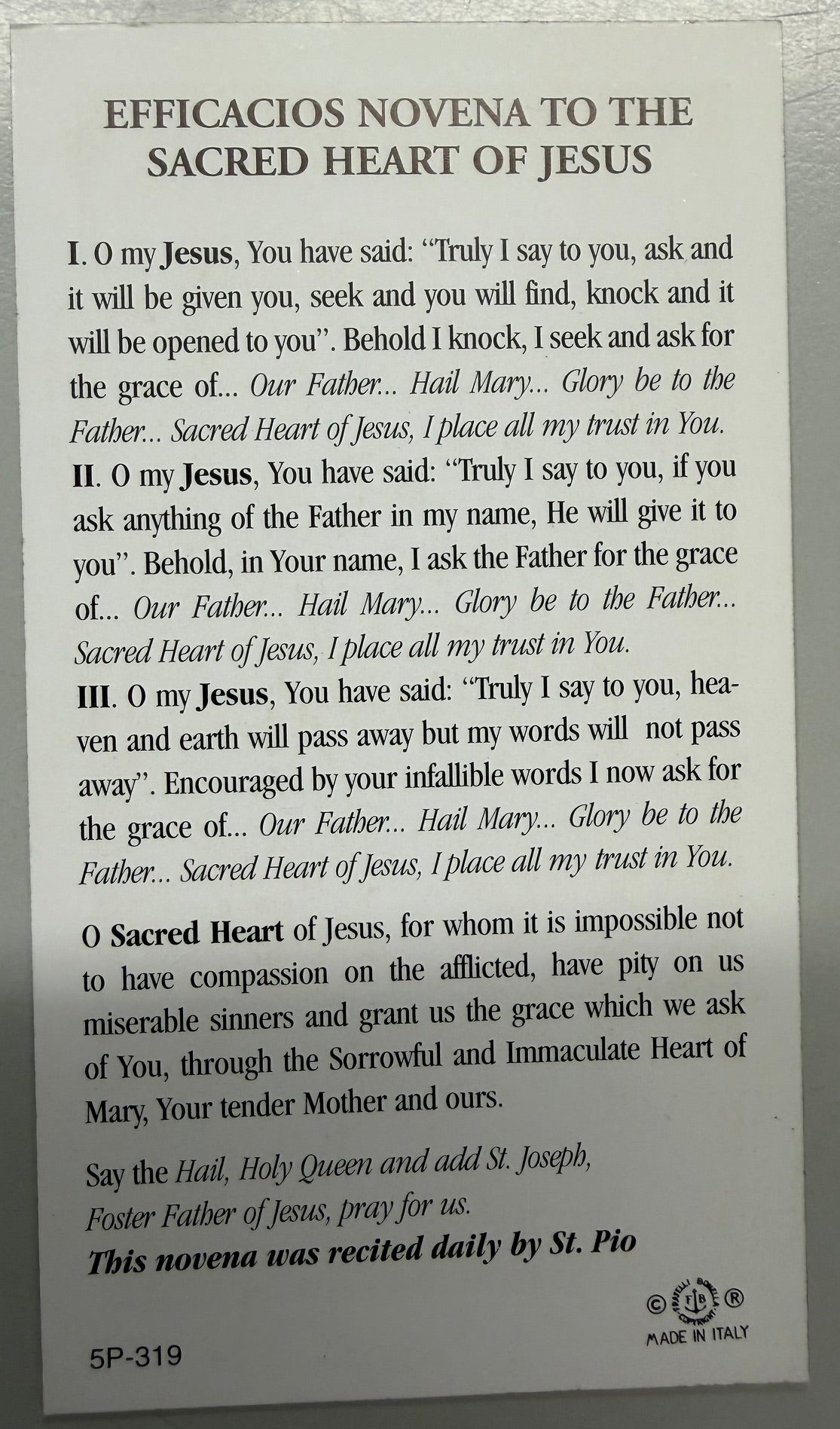Holy Card - Paper - St. Pio Efficacious Novena to the Sacred Heart of Jesus