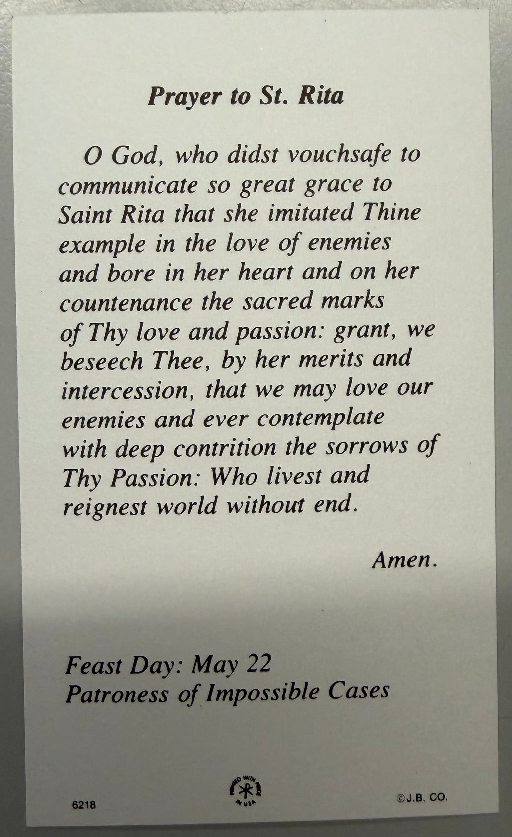 Holy Card - Paper - Prayer to St. Rita