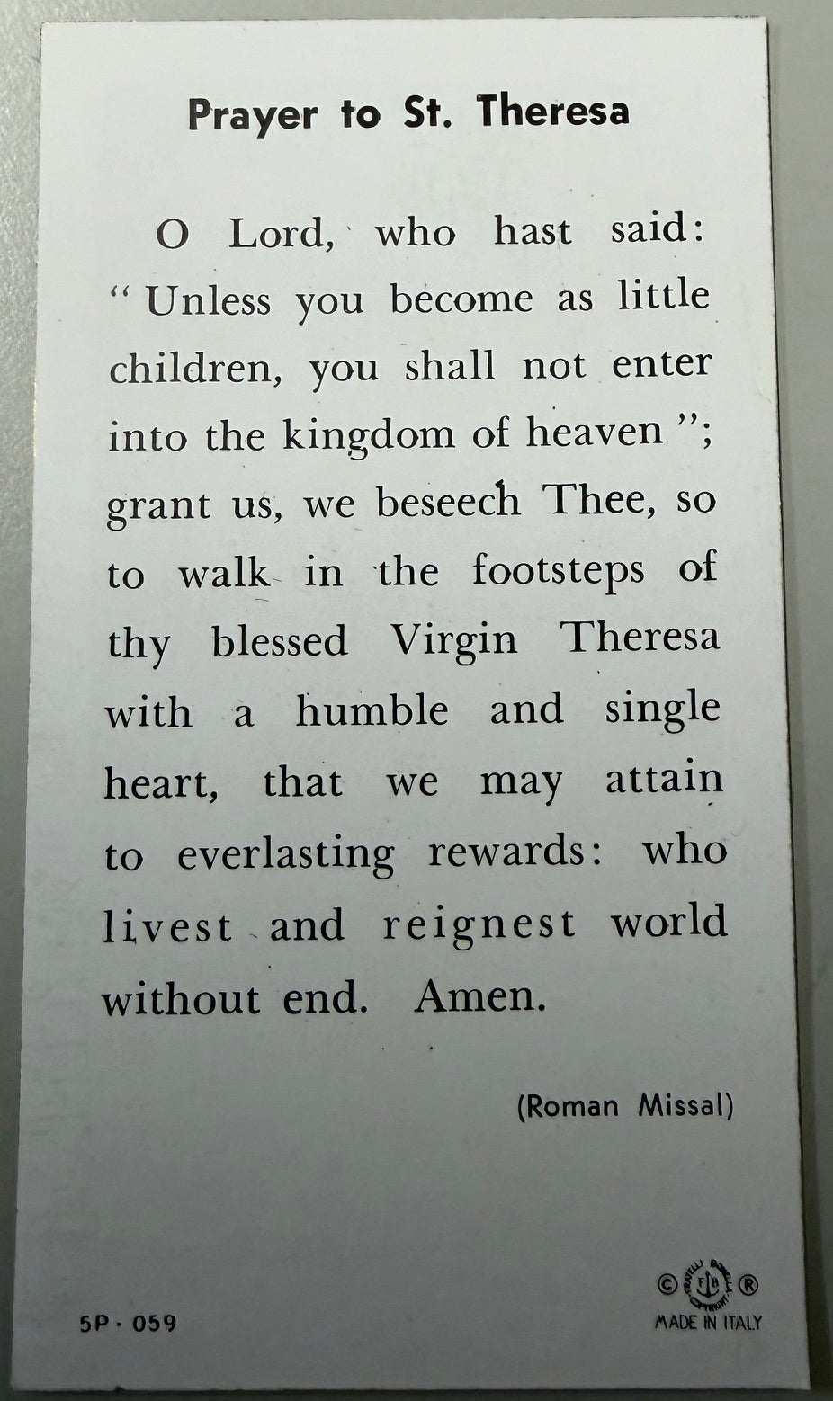 Holy Card - Paper - Prayer to St. Theresa (Therese)