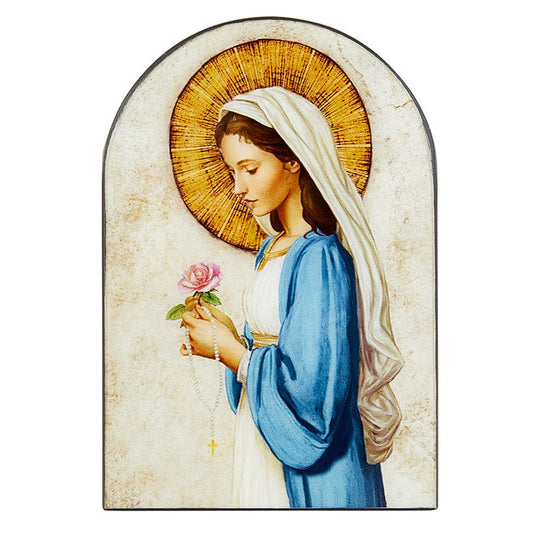 Madonna of The Rose Arched Wood Plaque