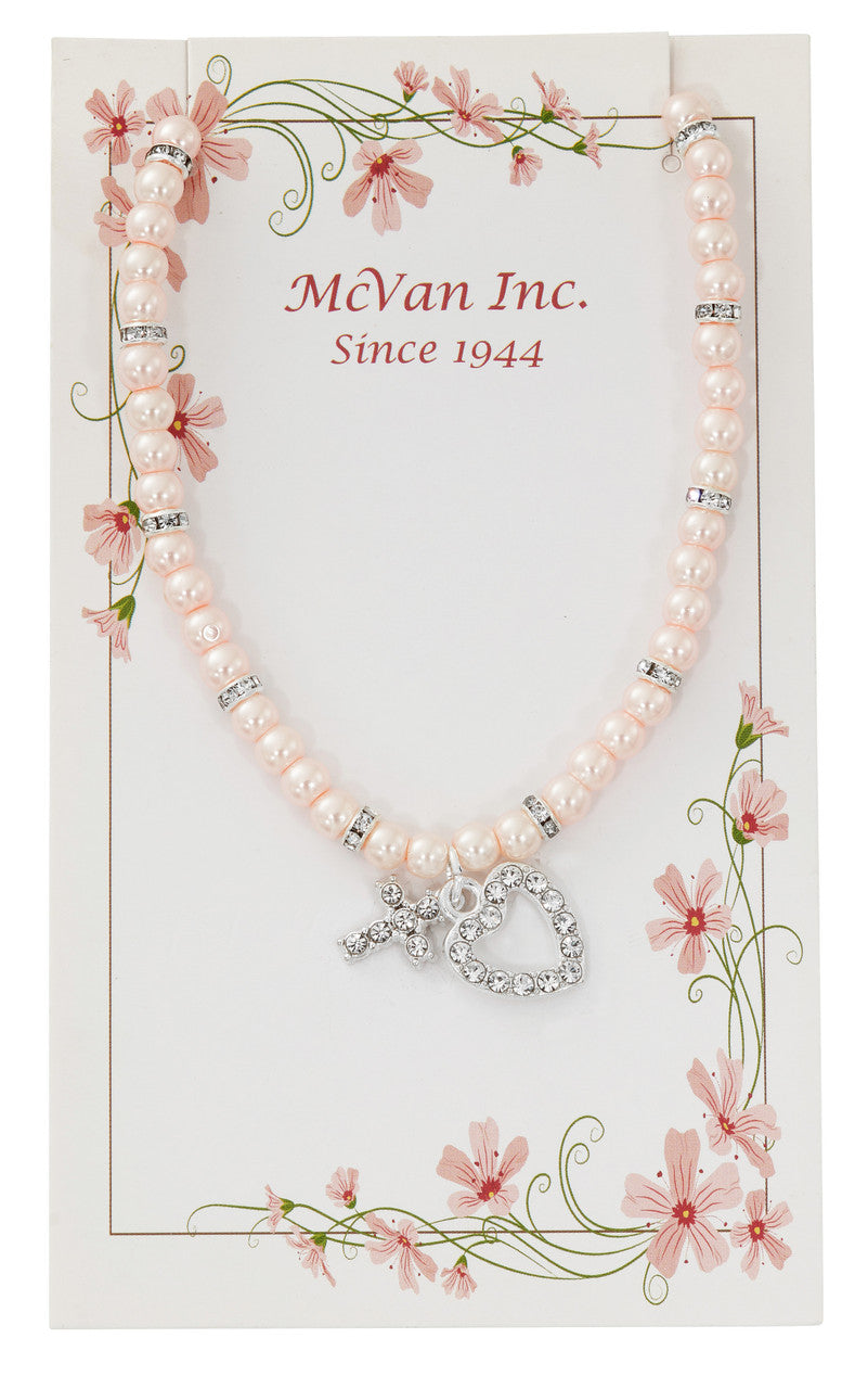 16"Stretch Pink Pearl necklace w/ cross and heart