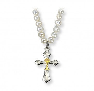 Freshwater Pearl Communion Necklace Two Tone Cross with Chalice Center