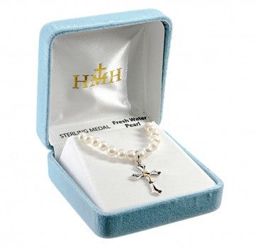 Freshwater Pearl Communion Necklace Two Tone Cross with Chalice Center