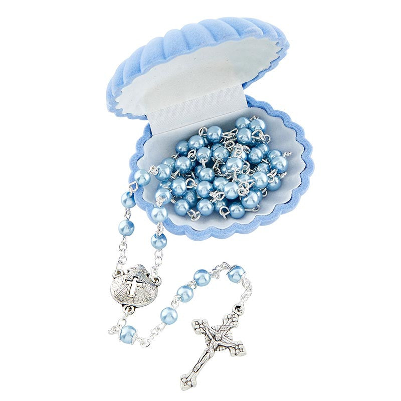 Blue Pearl Rosary with Baptismal Shell Case