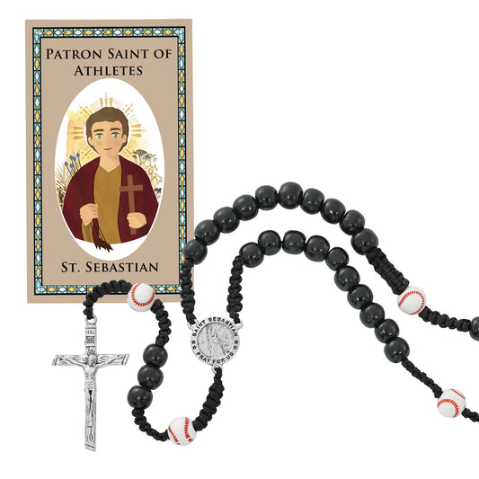 CORDED BASEBALL ROSARY WITH ST SEBASTIAN