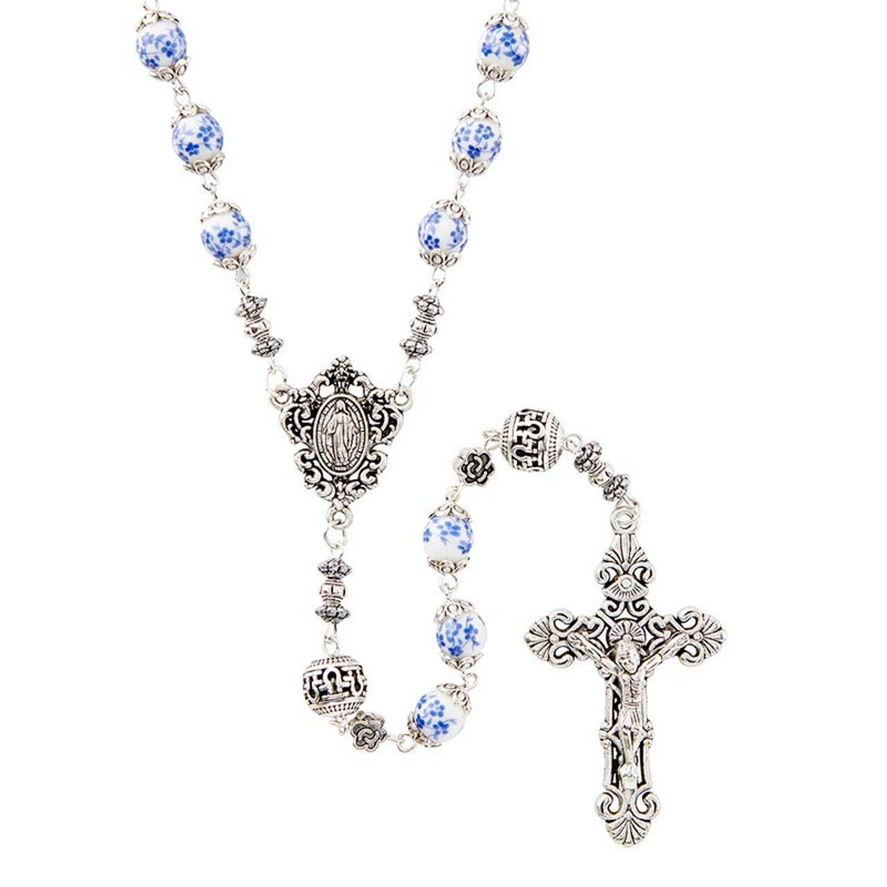 Miraculous Ceramic Flower Rosary - Blue / White