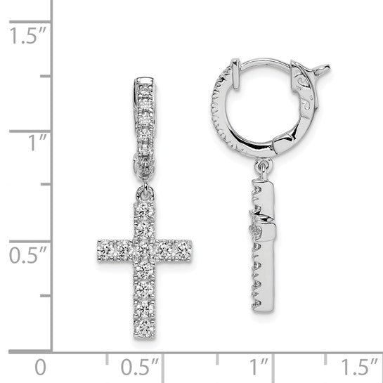 Sterling Silver 36 Stone CZ Cross Dangle Hoop Earrings