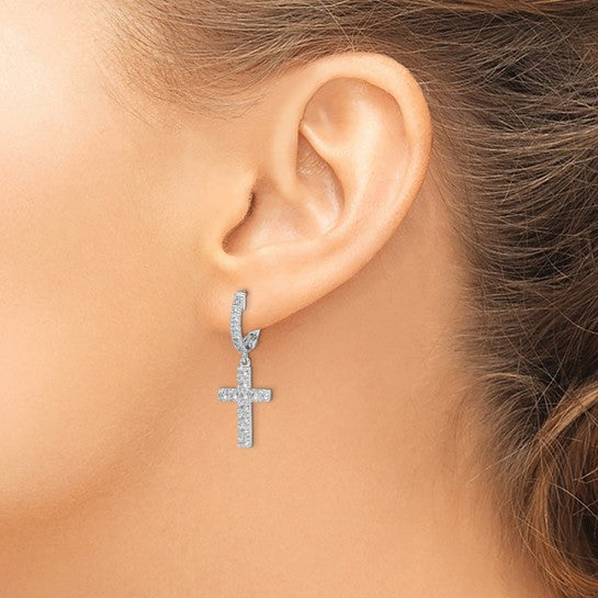 Sterling Silver 36 Stone CZ Cross Dangle Hoop Earrings