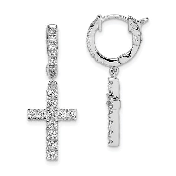 Sterling Silver 36 Stone CZ Cross Dangle Hoop Earrings