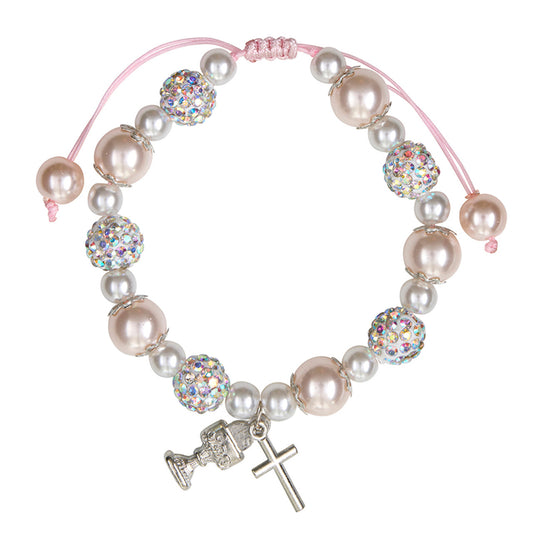 Pink First Communion Imitation Pearl Rhinestone Bracelet