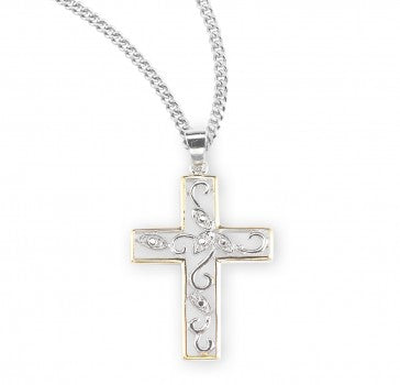 Sterling Silver Tu-Tone Vine Design  Cross 18" Chain
