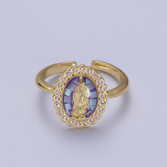Oval Purple CZ Stone Mother Mary Religious Adjustable Ring