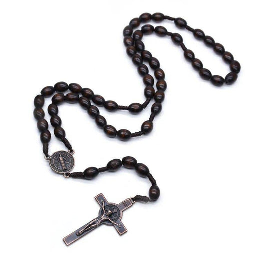 Red Oak Wooden Saint Benedict Medal Rosary Beads 20-inch
