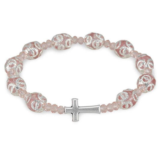 Pink Rosary Bracelet Glass Capped Filigree Beads