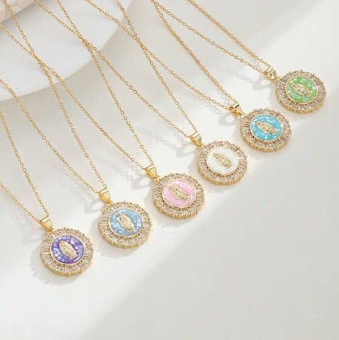 18K Gold Plated Mary Necklace with Crystals - Multiple Colors