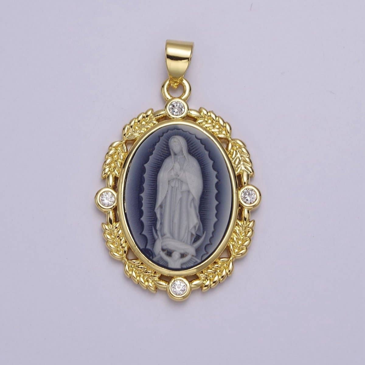 Vintage Blue Agate Virgin Mary pendant Lady Guadalupe cameo