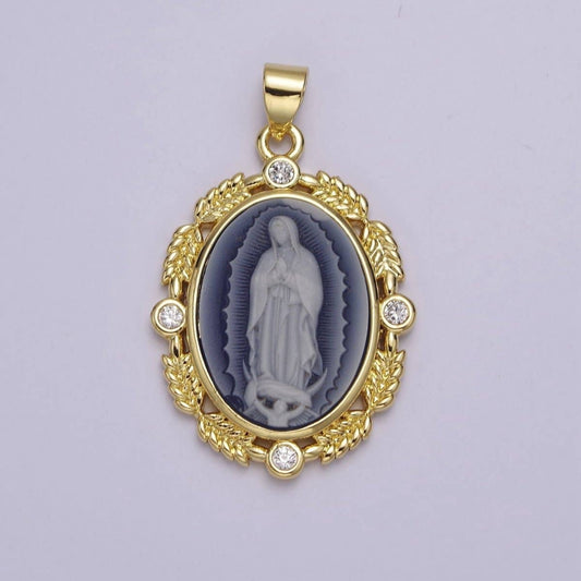 Vintage Blue Agate Virgin Mary pendant Lady Guadalupe cameo