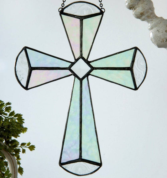 Clear Iridescent Stained Glass Cross Ornament | J Devlin