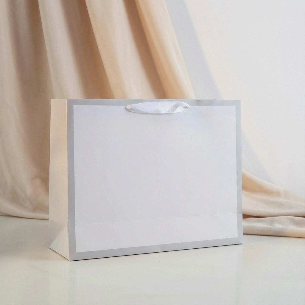 Soft Gray Border Gusset White Gift Bag w/ tissue