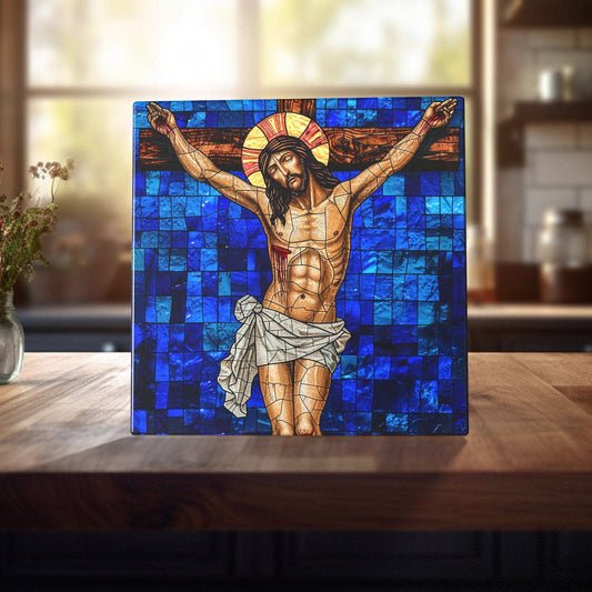 Jesus -Sacrificial Grace Stained Glass-Like Ceramic Tile - Solemn Spiritual Art