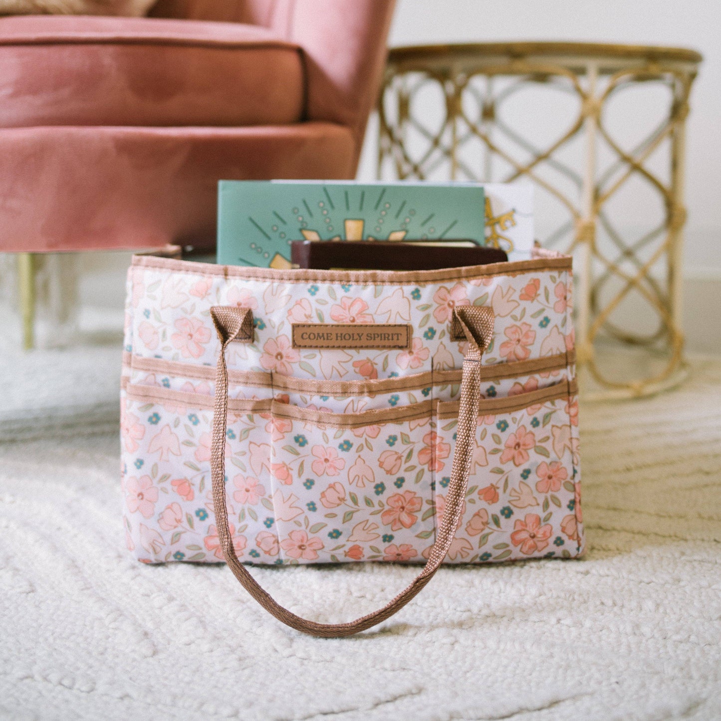 Catholic Prayer Corner Caddy - Pink Flowers/Dove