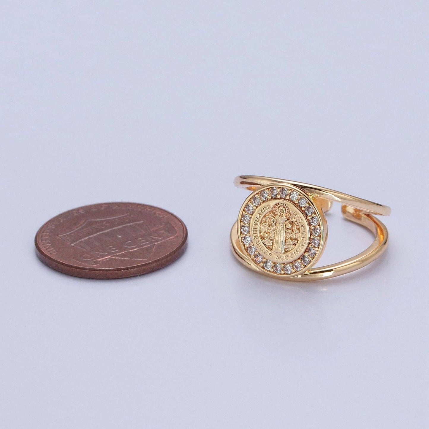 Saint Benedict Ring Gold Statement Religious Jewelry Open Adjustable Ring O-746