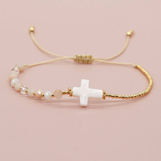 BOHEMIAN SHELL CROSS CRYSTAL COPPER BEAD BRACELET