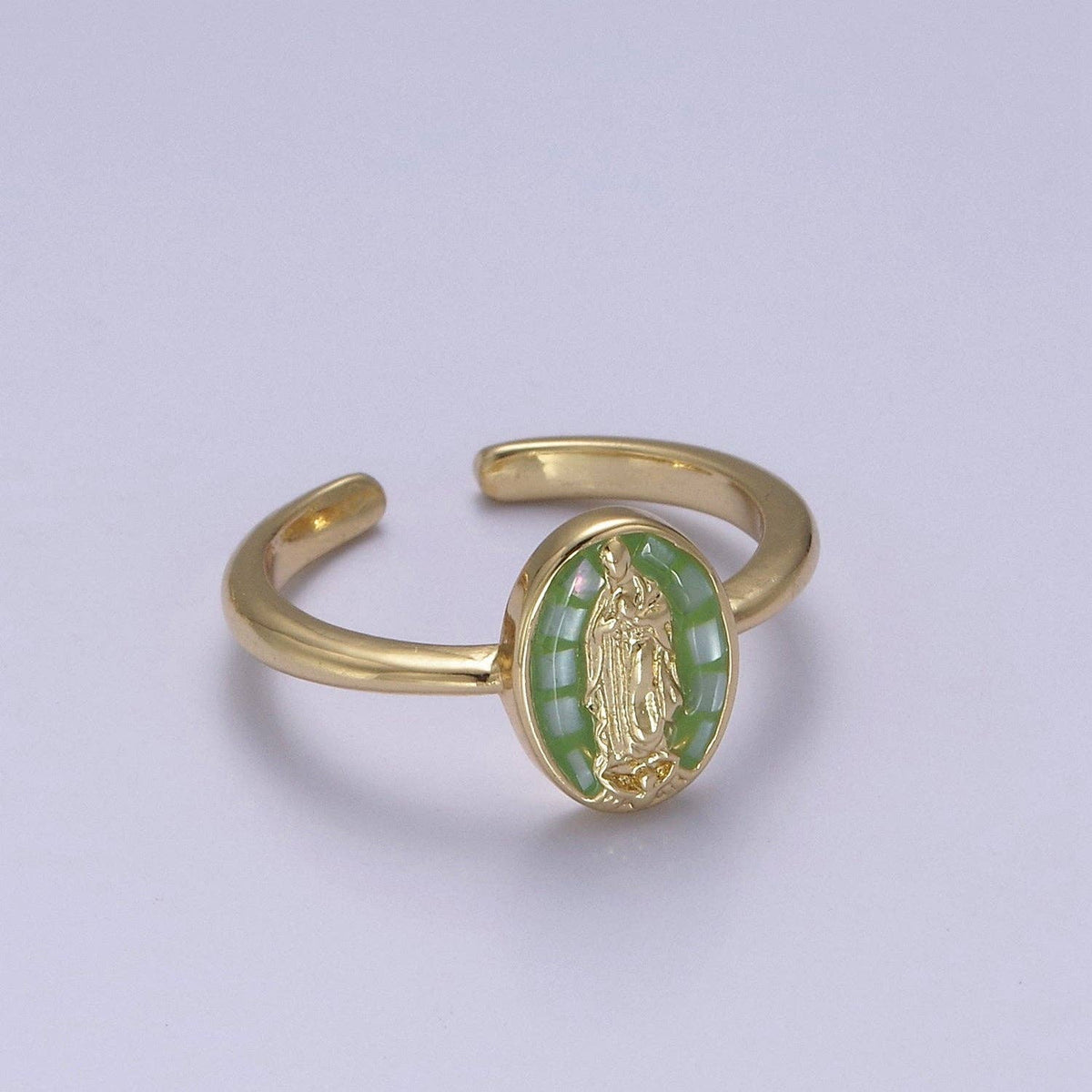 Gold Filled Oval Virgin Mother Mary Shell Opal Ring