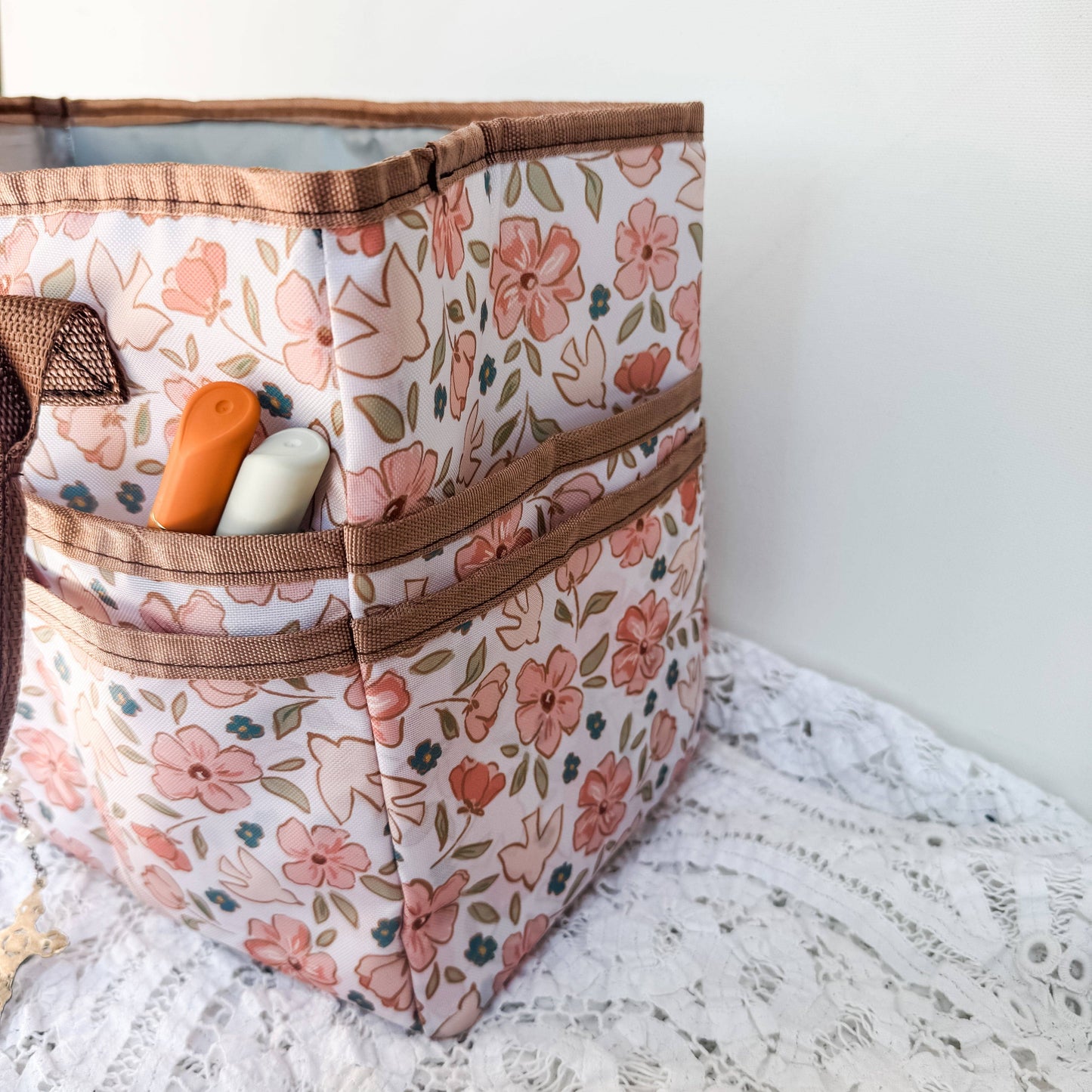 Catholic Prayer Corner Caddy - Pink Flowers/Dove