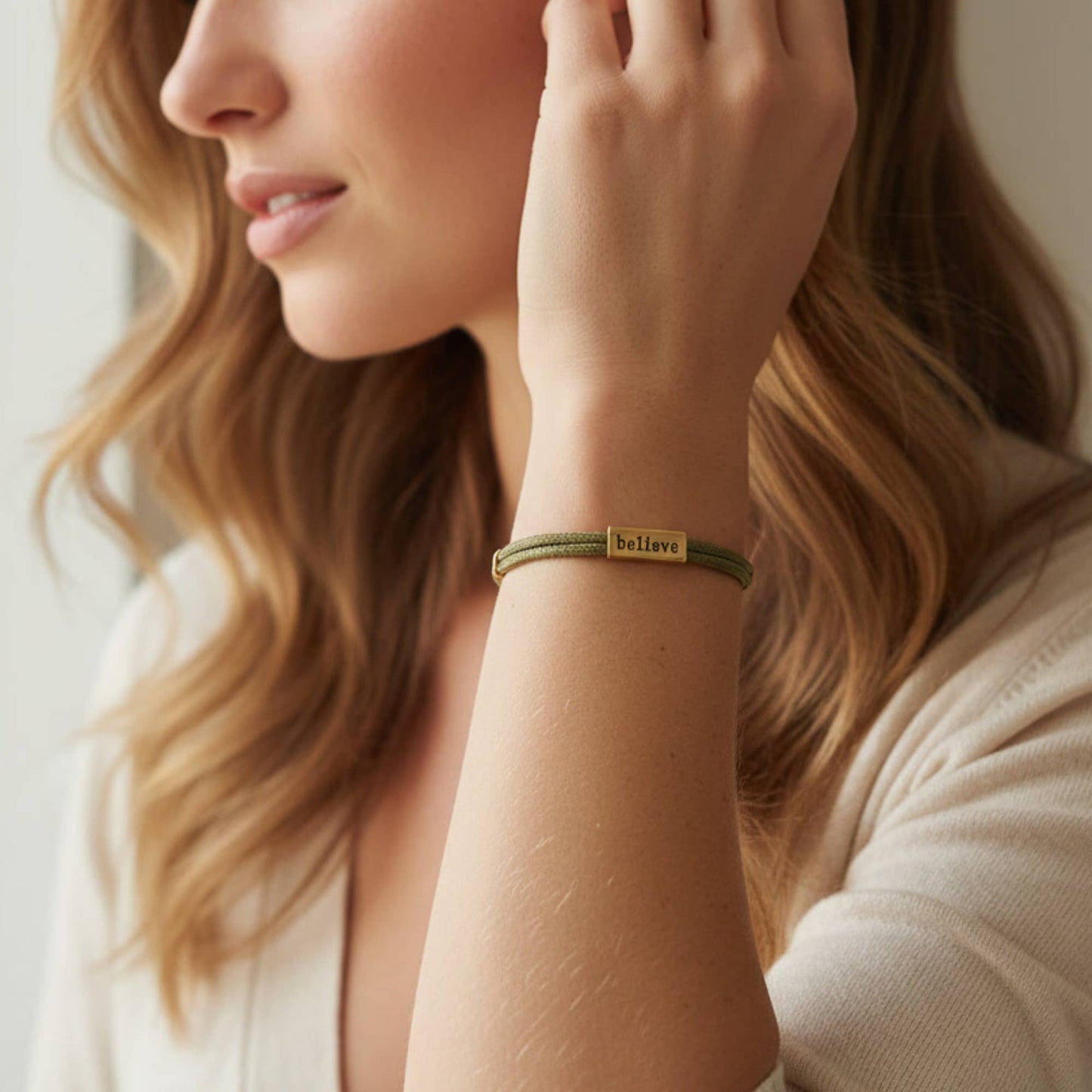 Sentiment Bracelet – Believe | Olive Green Cord