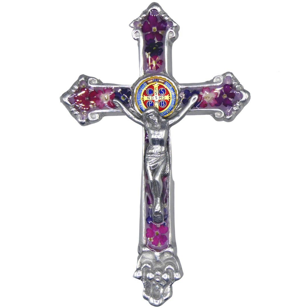 Baroque Wall Small Crucifix w/ Pressed Flowers & St. Benedict Medal 7.5"