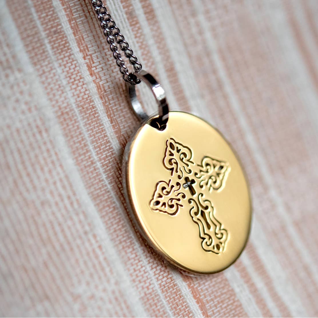 Etched Serenity Prayer Cross Pendant Stainless Steel