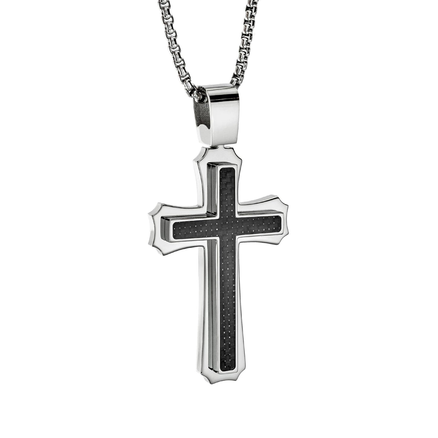 Men's Stainless Steel Cross Necklace with Carbon Fiber Inlay