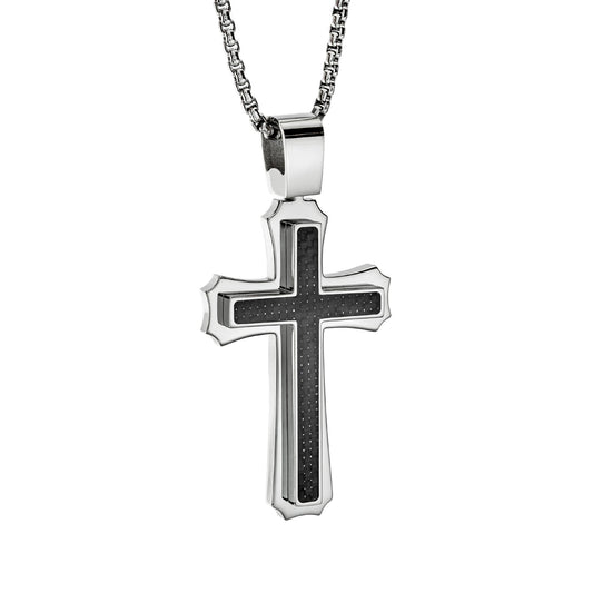 Men's Stainless Steel Cross Necklace with Carbon Fiber Inlay