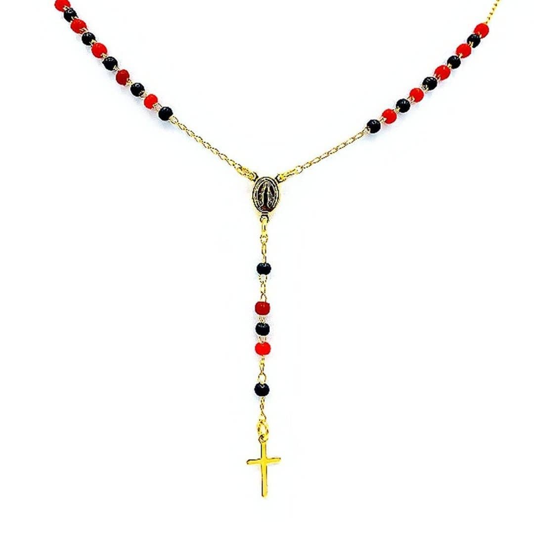 Gold-Plated Tiny Black & Red Beads Our Lady of Grace Necklace 16-inch