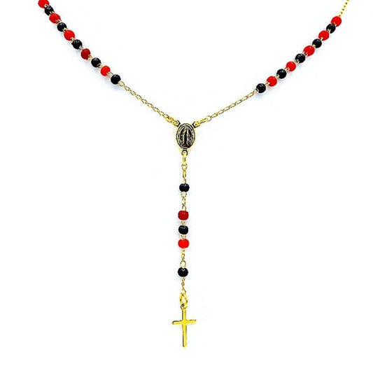 Gold-Plated Tiny Black & Red Beads Our Lady of Grace Necklace 16-inch