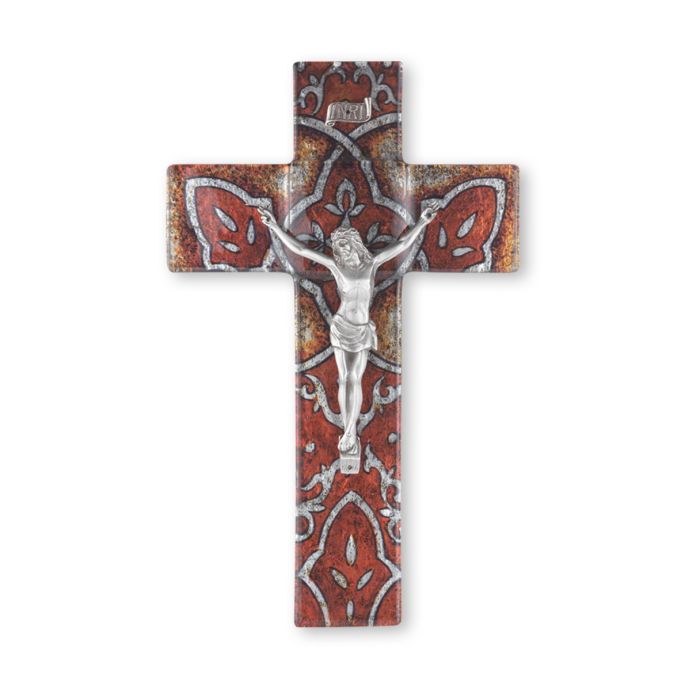 10" Burnt Orange Glass Cross with Gold Crucifix