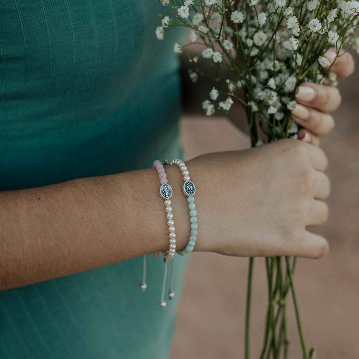 Mother Mary, Mother Me Bracelet-Silver/Rose Quartz