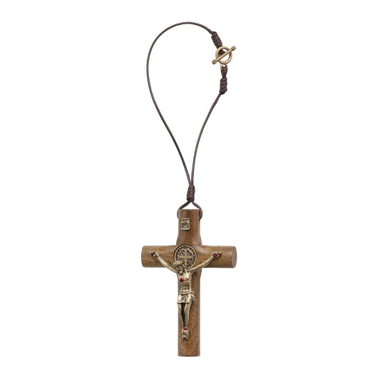 St Benedict Wooden Rearview Mirror Cross    