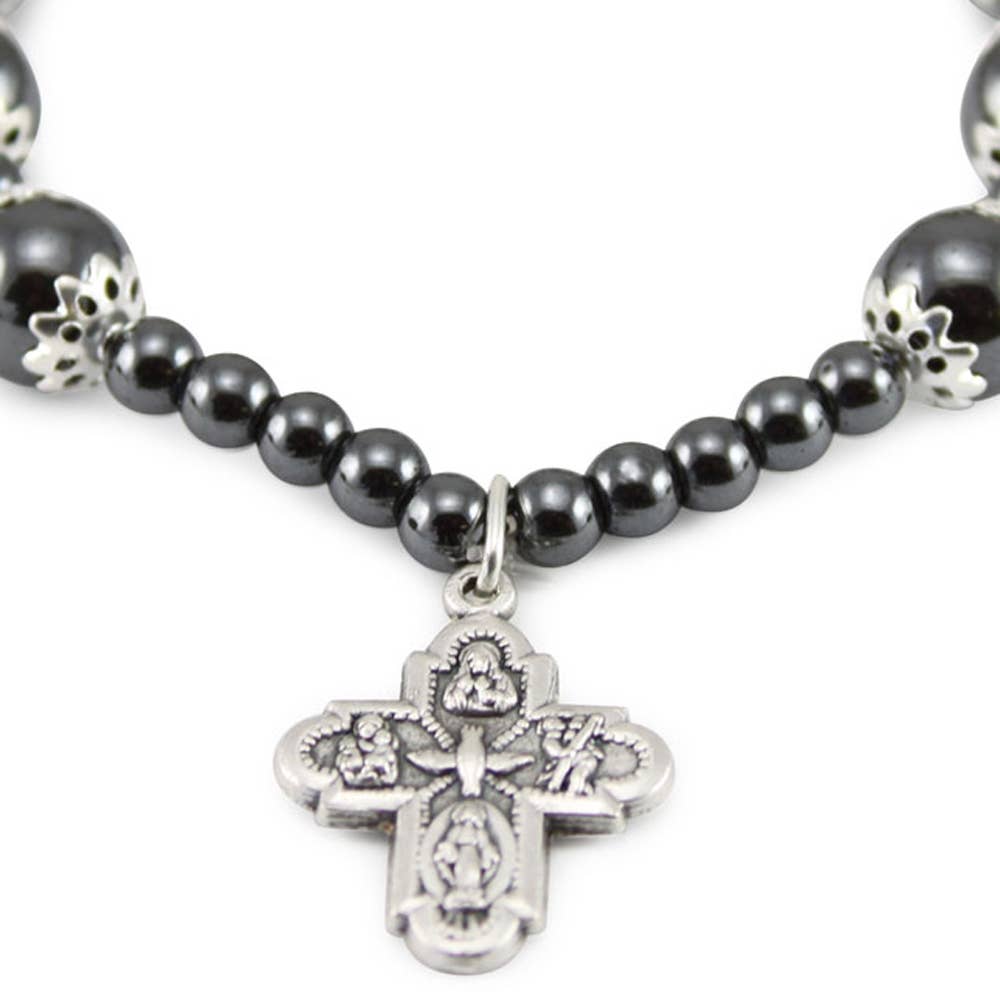 Rosary Bracelet Ealstic Hematite Capped Beads Four Way Cross