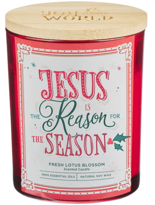 Glass Candle w/Bamboo Lid Jesus Is The Reason For The Season